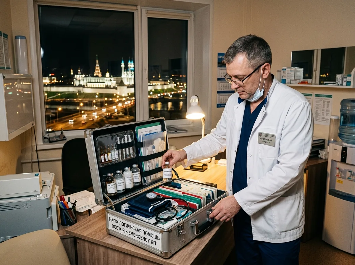 Врач-нарколог в белом халате с медицинским чемоданом готовится к выезду на дом, ночной город Казань на фоне, профессиональная медицинская обстановка