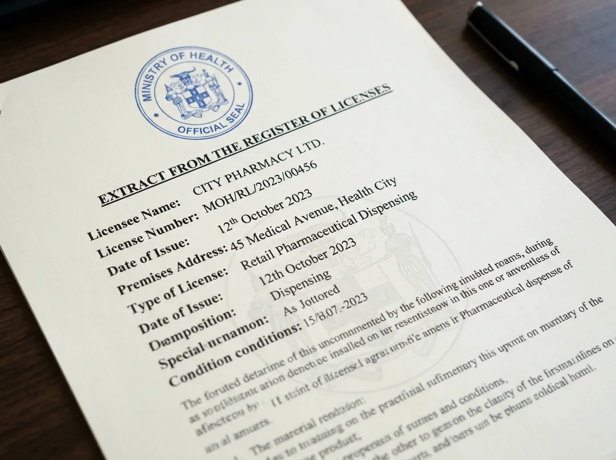 Выписка из реестра лицензий Министерства здравоохранения, официальный государственный документ, белый лист с синей печатью