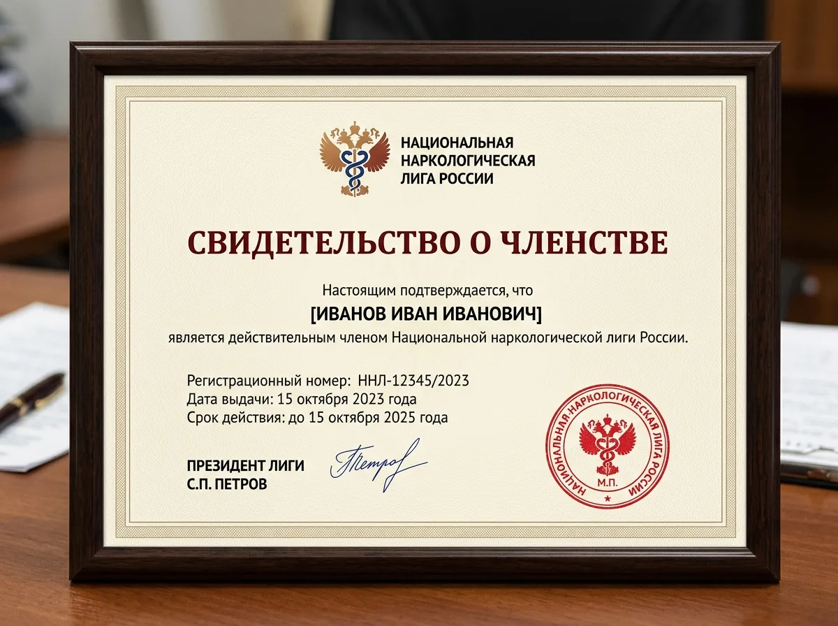 Свидетельство о членстве в Национальной наркологической лиге России, официальный сертификат с логотипом организации, красная печать